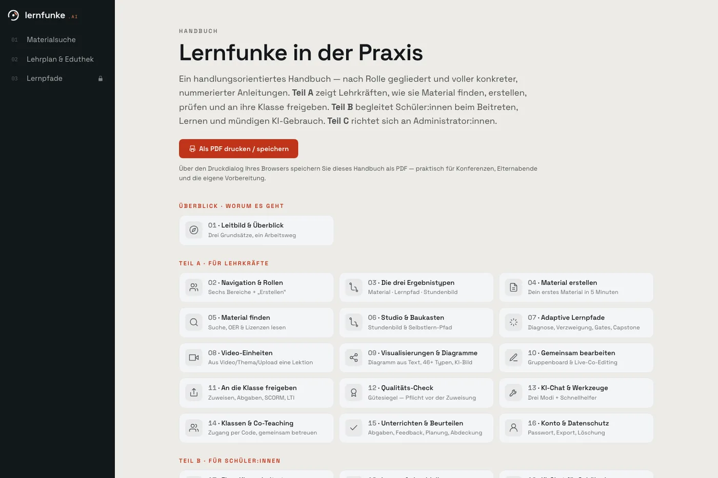 Handbuch „Learn in der Praxis“: nummerierte Anleitungen, gegliedert nach Lehrkräften, Schülerinnen und Schülern sowie Administration.