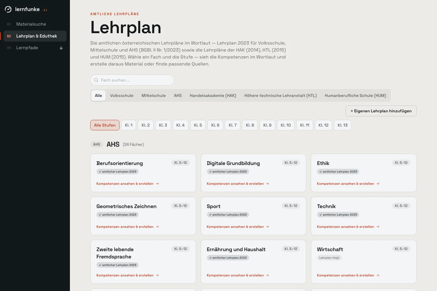 Lehrplanansicht: Auswahl nach Schulart und Stufe, darunter die Fächer mit dem Vermerk „amtlicher Lehrplan 2023“.
