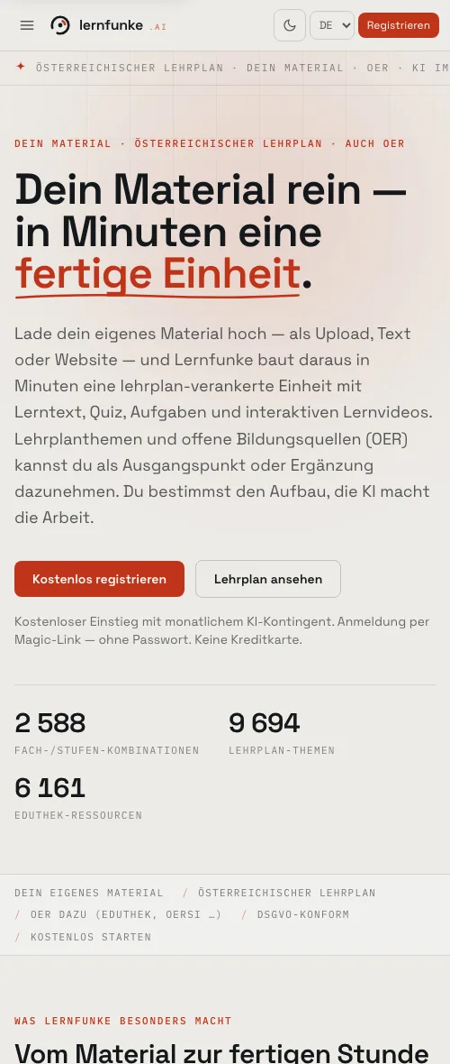 Dieselbe Startseite auf dem Telefon: Überschrift, Einstieg und Kennzahlen untereinander.