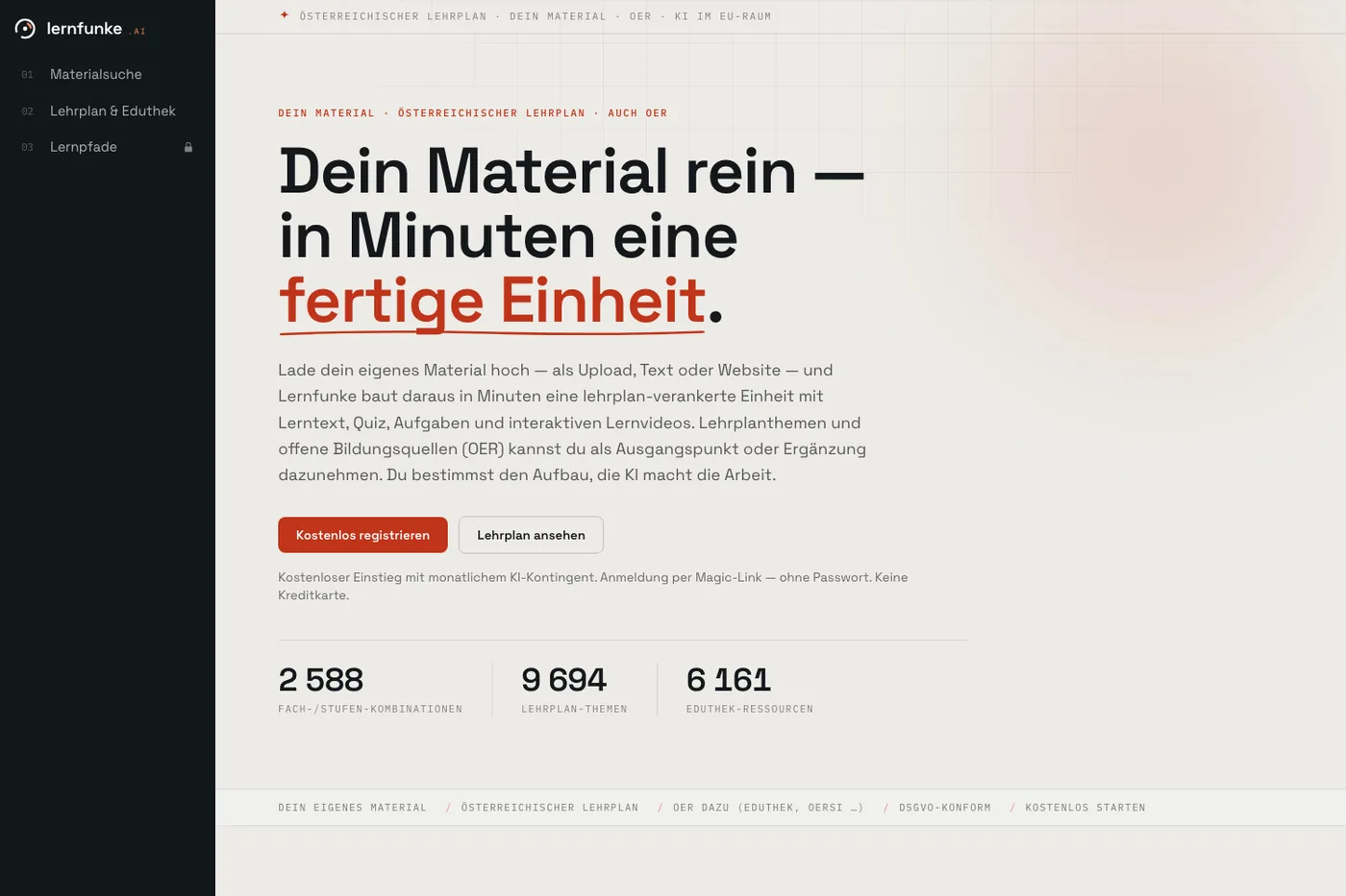 Startseite von learn: „Dein Material rein — in Minuten eine fertige Einheit“, darunter der Einstieg zum Hochladen und die Zahl der Fach- und Stufenkombinationen.