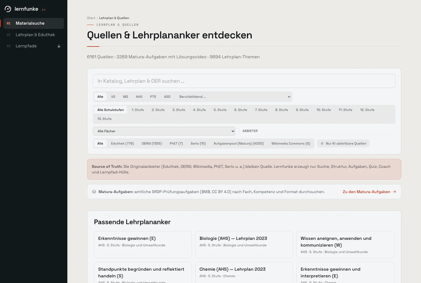 Suche in learn: Filter nach Schulart, Schulstufe, Fach und Anbieter, darunter passende Lehrplananker.