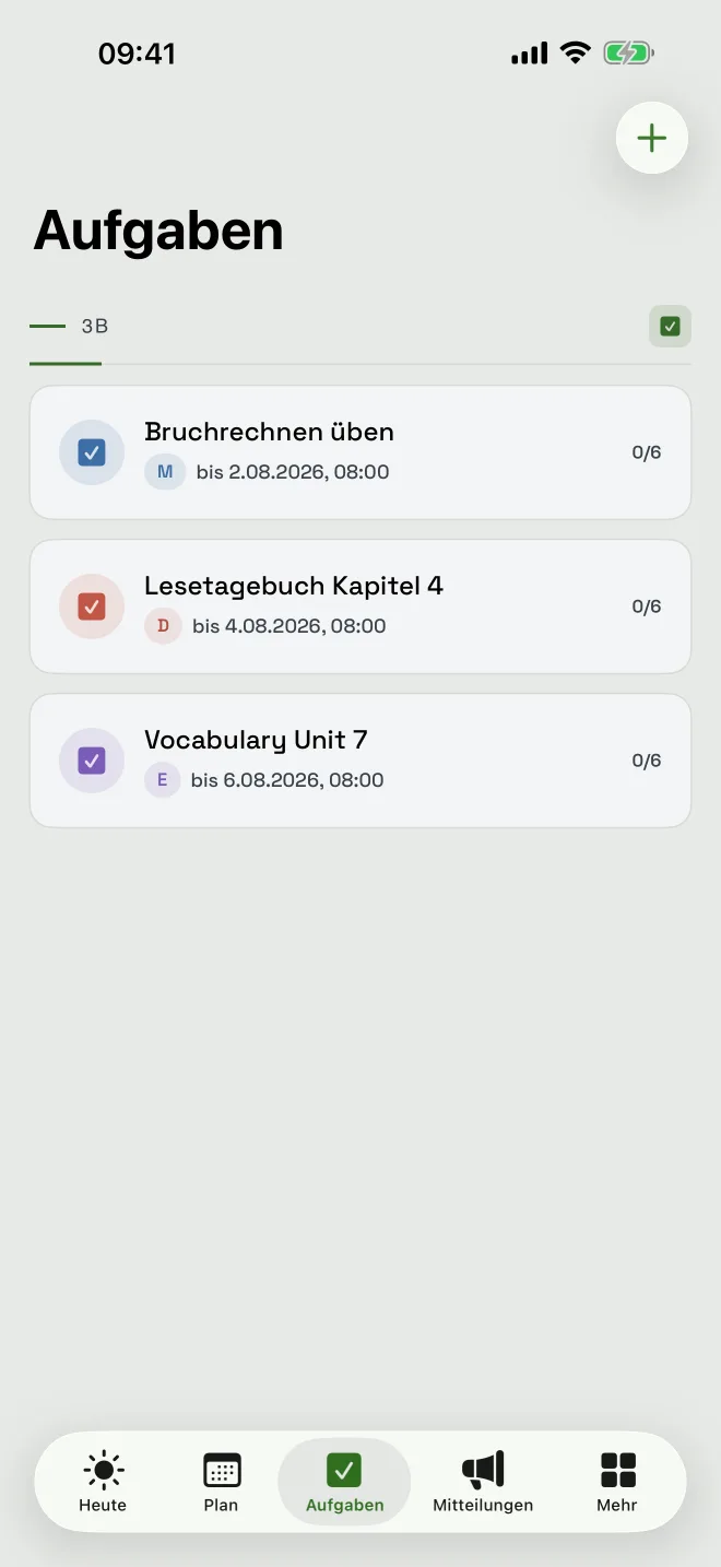 Aufgabenliste einer Klasse mit Titel, Fälligkeit und dem Abgabestand je Aufgabe.