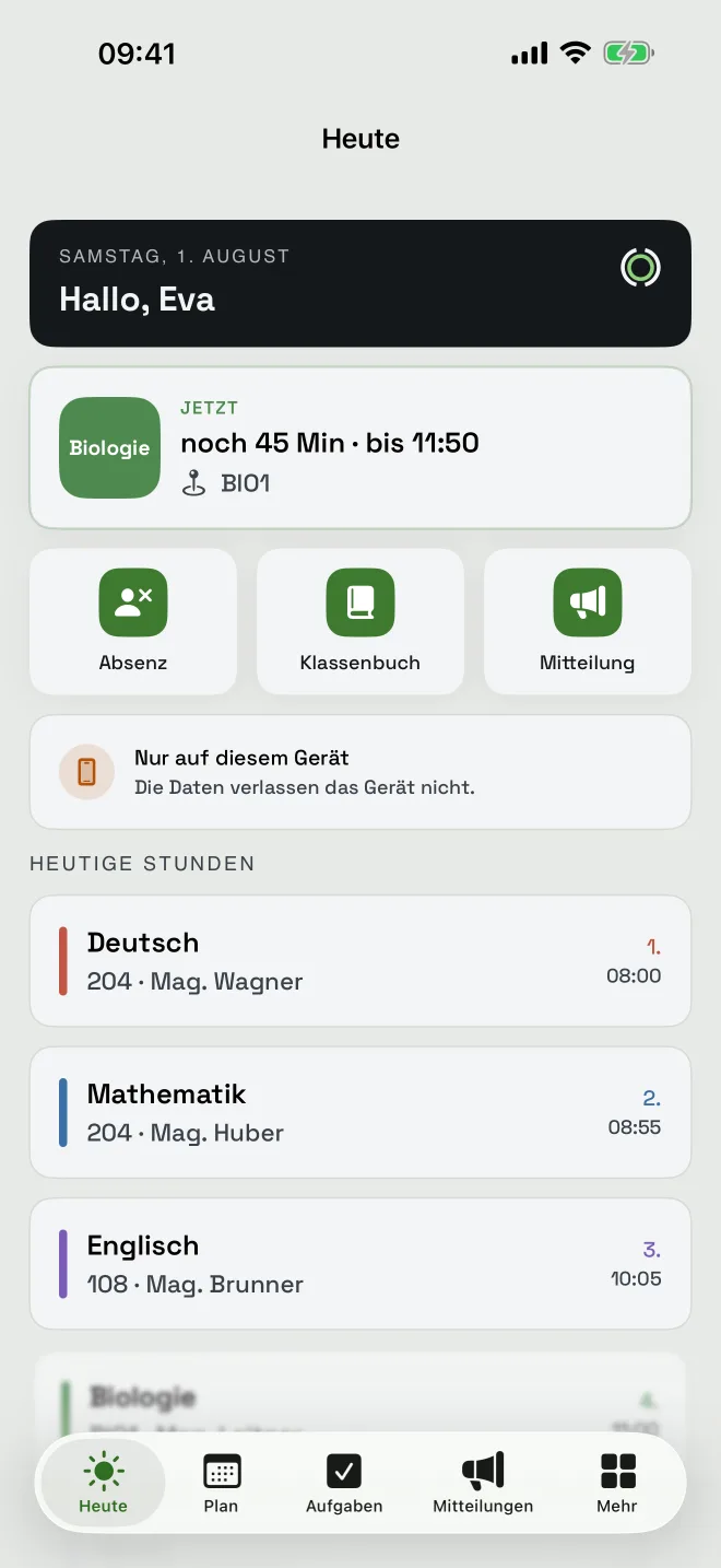 Startbildschirm „Heute“ im school: laufende Stunde mit Restzeit, Schnellzugriffe für Absenz, Klassenbuch und Mitteilung, darunter die heutigen Stunden.