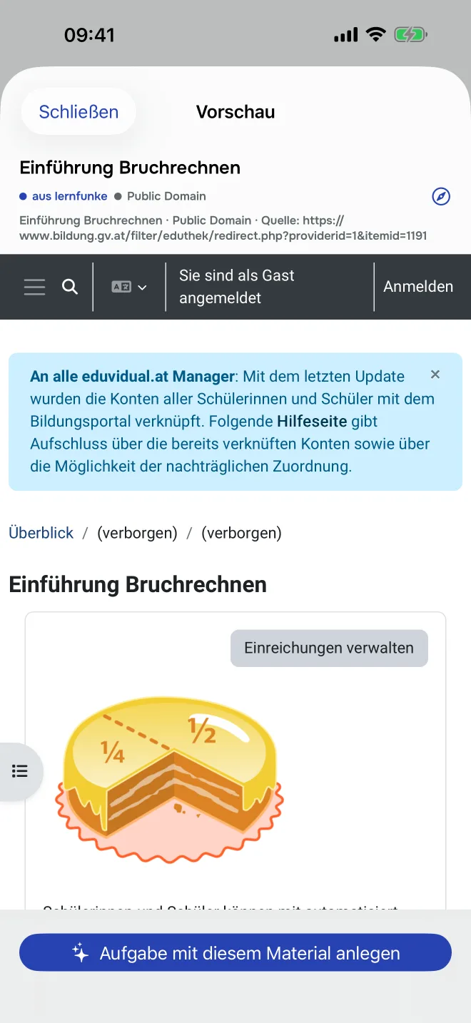 Vorschau eines Materials aus learn im school, mit Lizenzangabe und Quelle, darunter die Schaltfläche „Aufgabe mit diesem Material anlegen“.