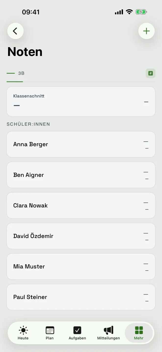 Notenansicht mit Klassenschnitt und den einzelnen Schülerinnen und Schülern.