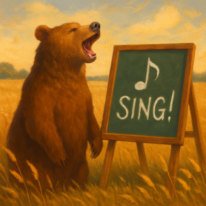 Erstellt mit KIMS (Ein brauner Bär steht auf einem weitläufigen Kornfeld.)